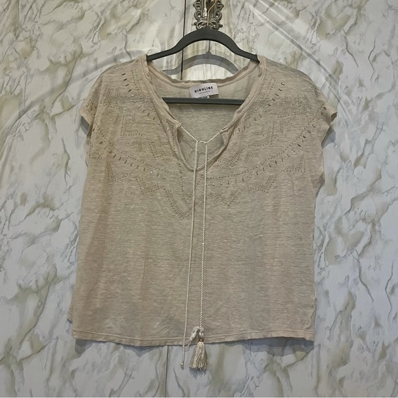 Highline collective 100% linen tee beige tan medium beads neutral short sleeve - Picture 2 of 11